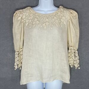 Neiman Marcus Victorian Style‎ Lace Beige Blouse Button Down Top Size 12 Vintage